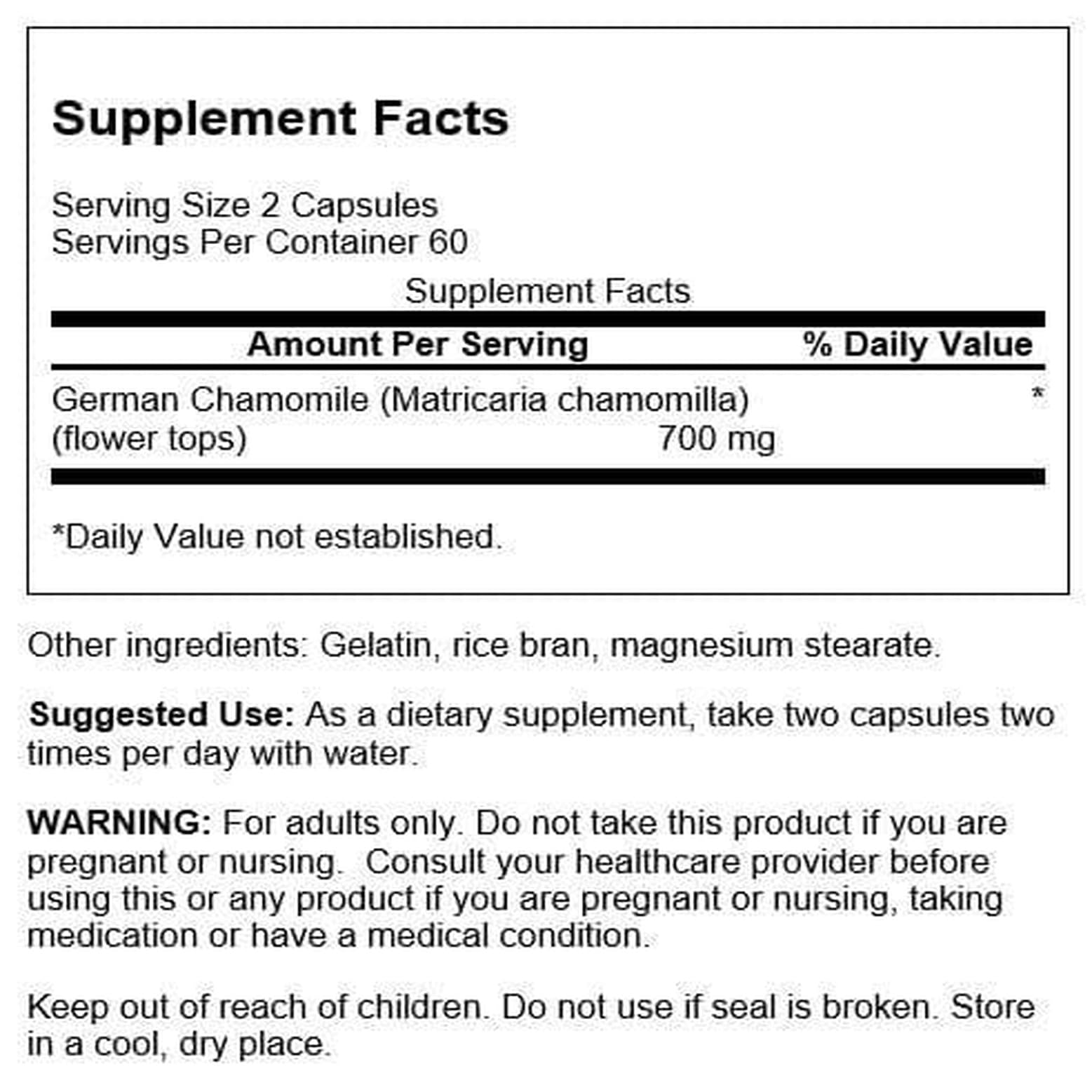 Close-up of Swanson Chamomile Stress Support capsules for gentle daily relaxation