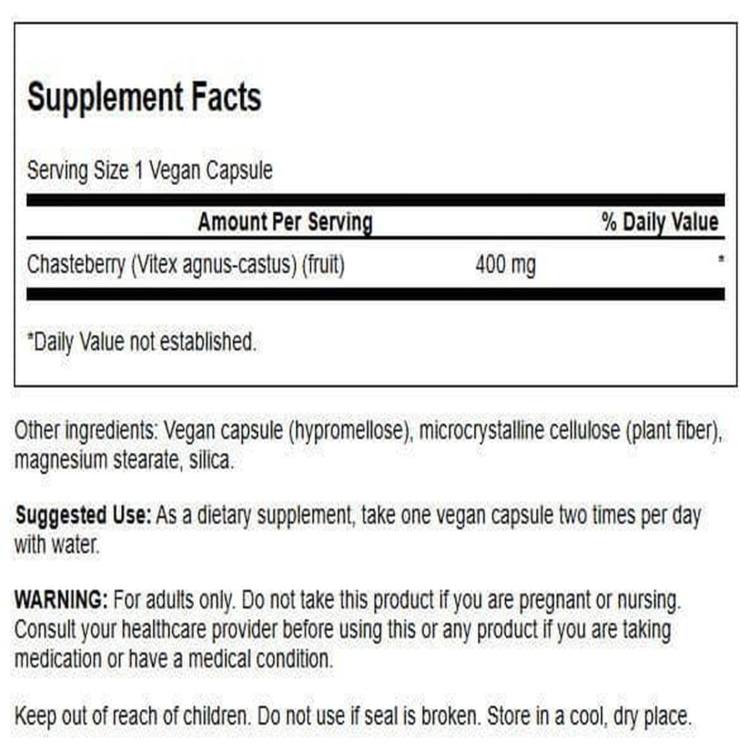 Swanson Chasteberry Fruit bottle back label highlights dosage and quality assurance