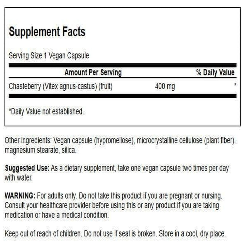 Swanson Chasteberry Fruit bottle back label highlights dosage and quality assurance