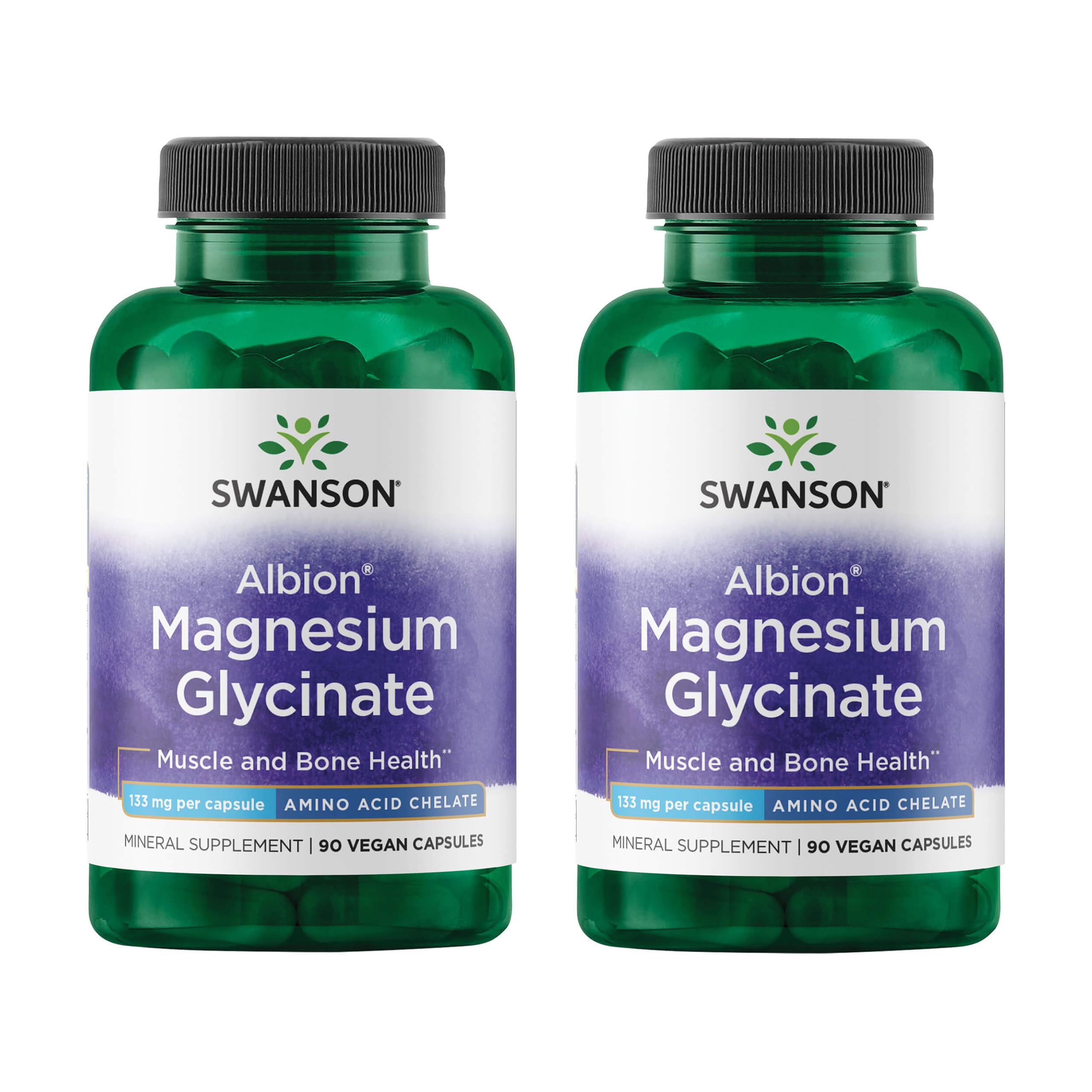 Swanson chelated magnesium glycinate bottle front showing two-pack packaging and dosage context
