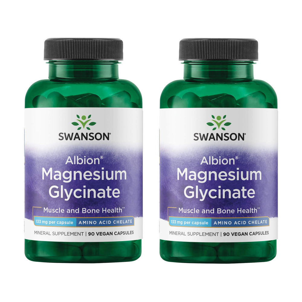 Swanson chelated magnesium glycinate bottle front showing two-pack packaging and dosage context