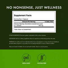Swanson Chinese Skullcap capsules close-up, easy-to-swallow form.