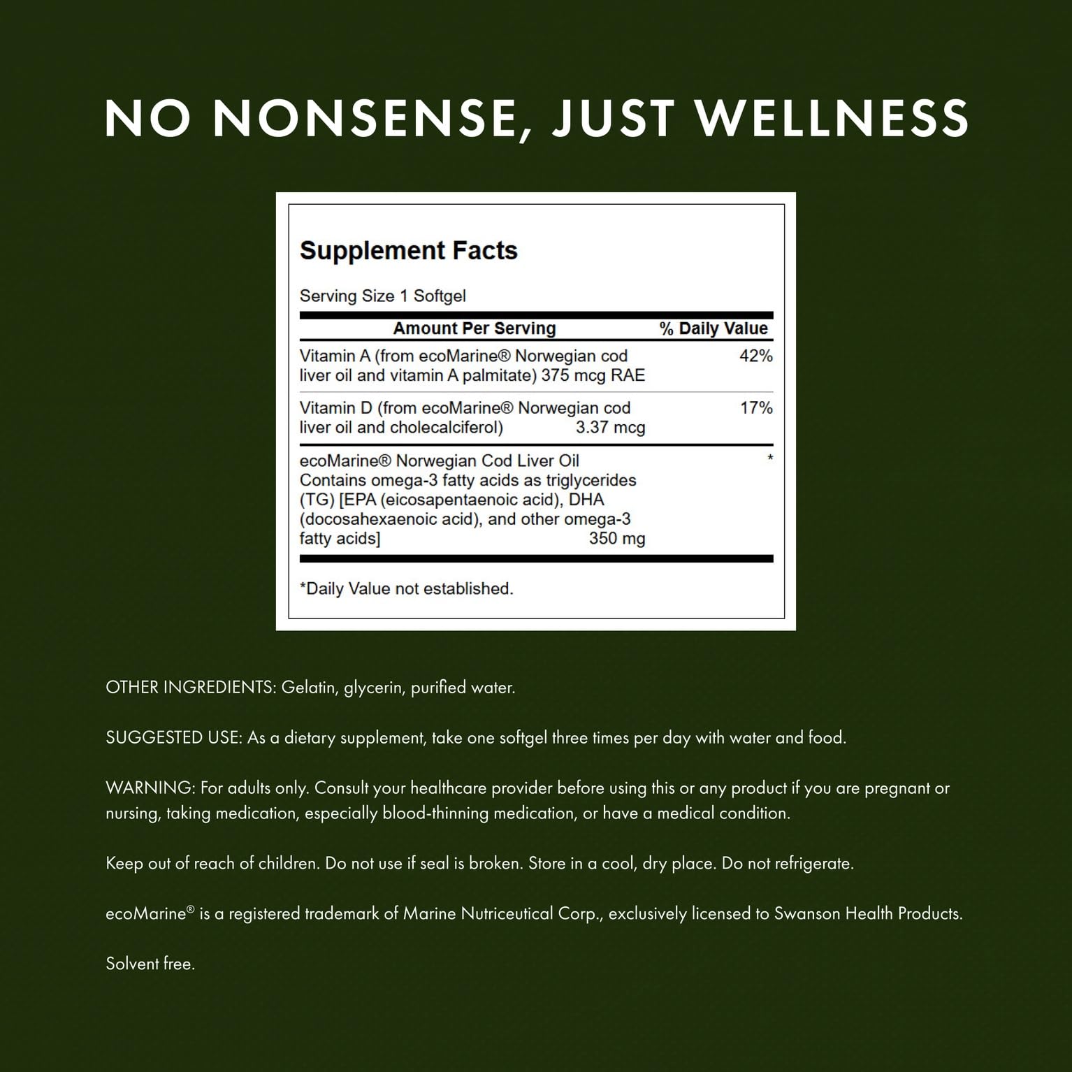 Close up of Swanson Cod Liver Oil label with dosage and benefits details