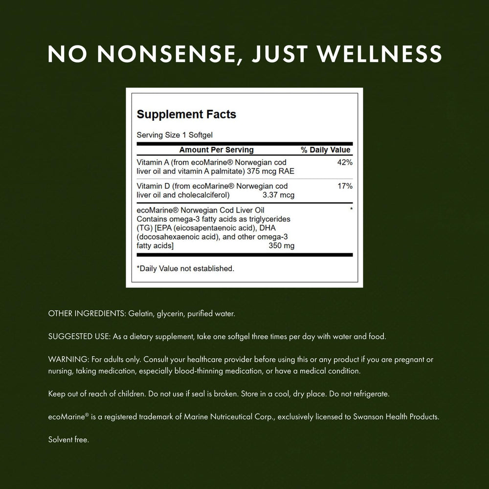 Close up of Swanson Cod Liver Oil label with dosage and benefits details