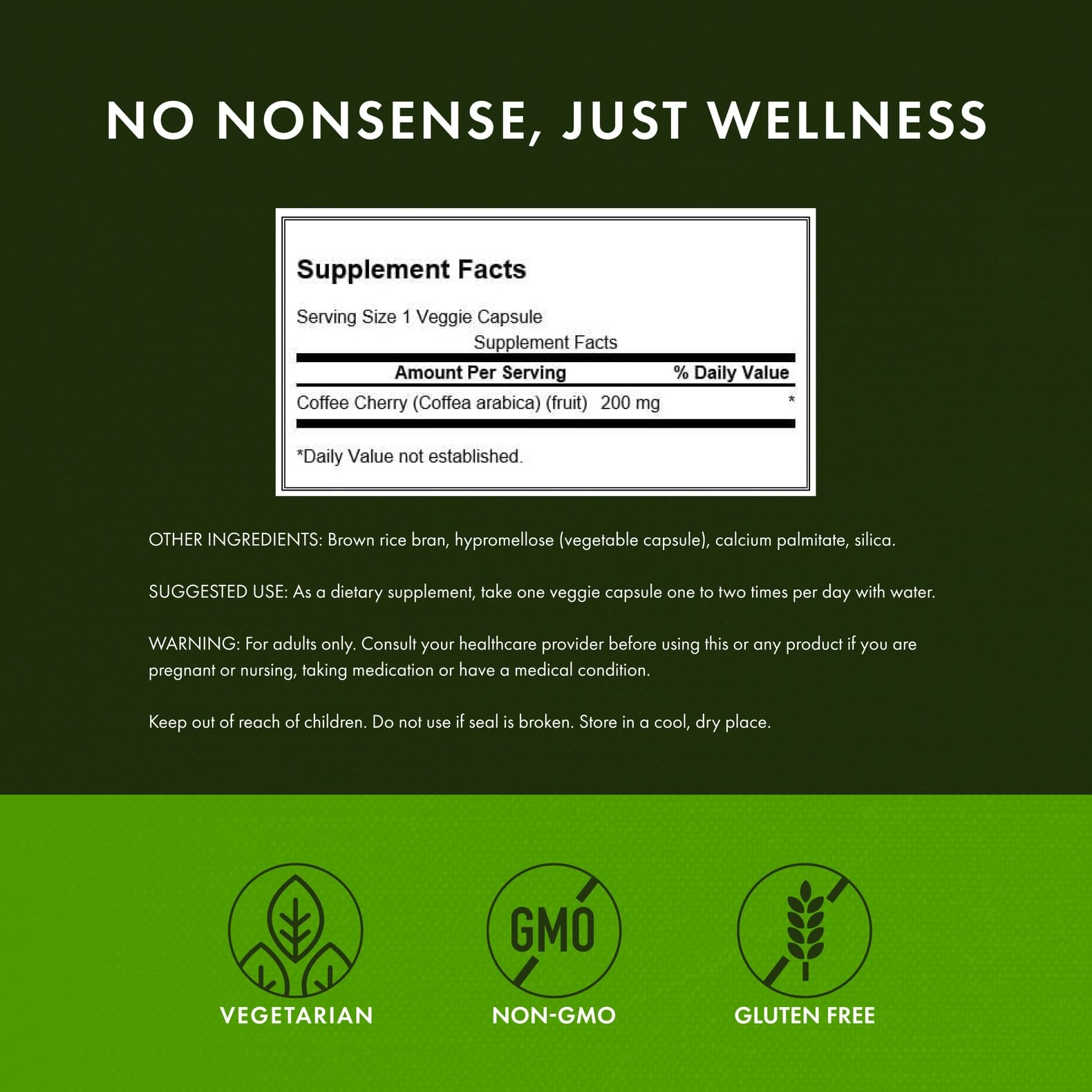 Swanson Coffee Cherry label displaying 200 mg per serving and quality standards.