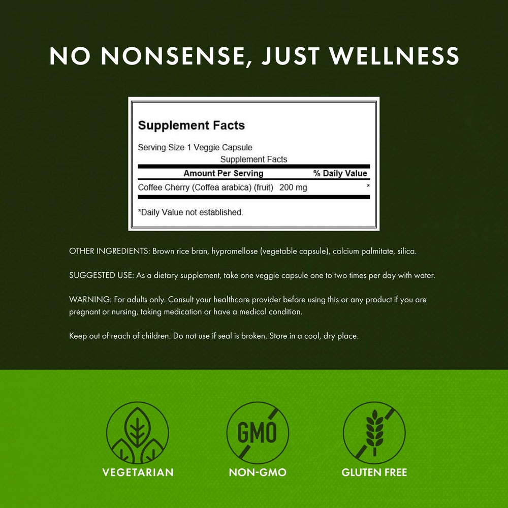Swanson Coffee Cherry label displaying 200 mg per serving and quality standards.