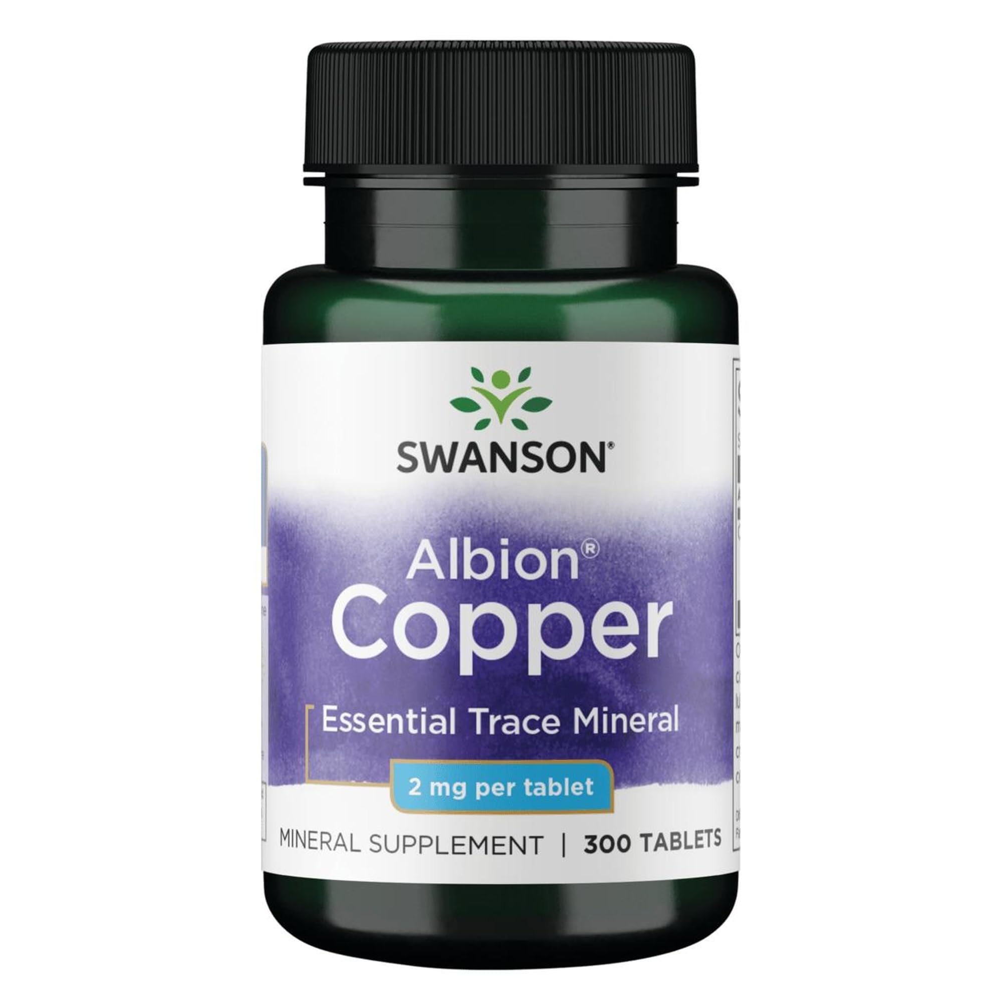 Swanson Copper Mineral Supplement bottle label showing 2 mg copper and chelated form benefits
