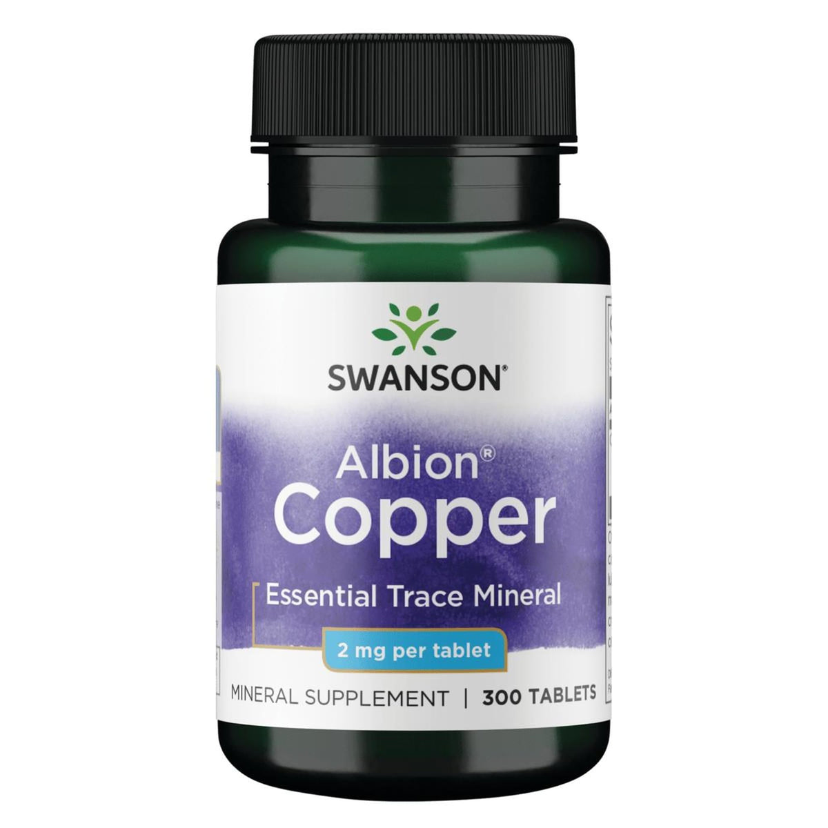 Swanson Copper Mineral Supplement bottle label showing 2 mg copper and chelated form benefits