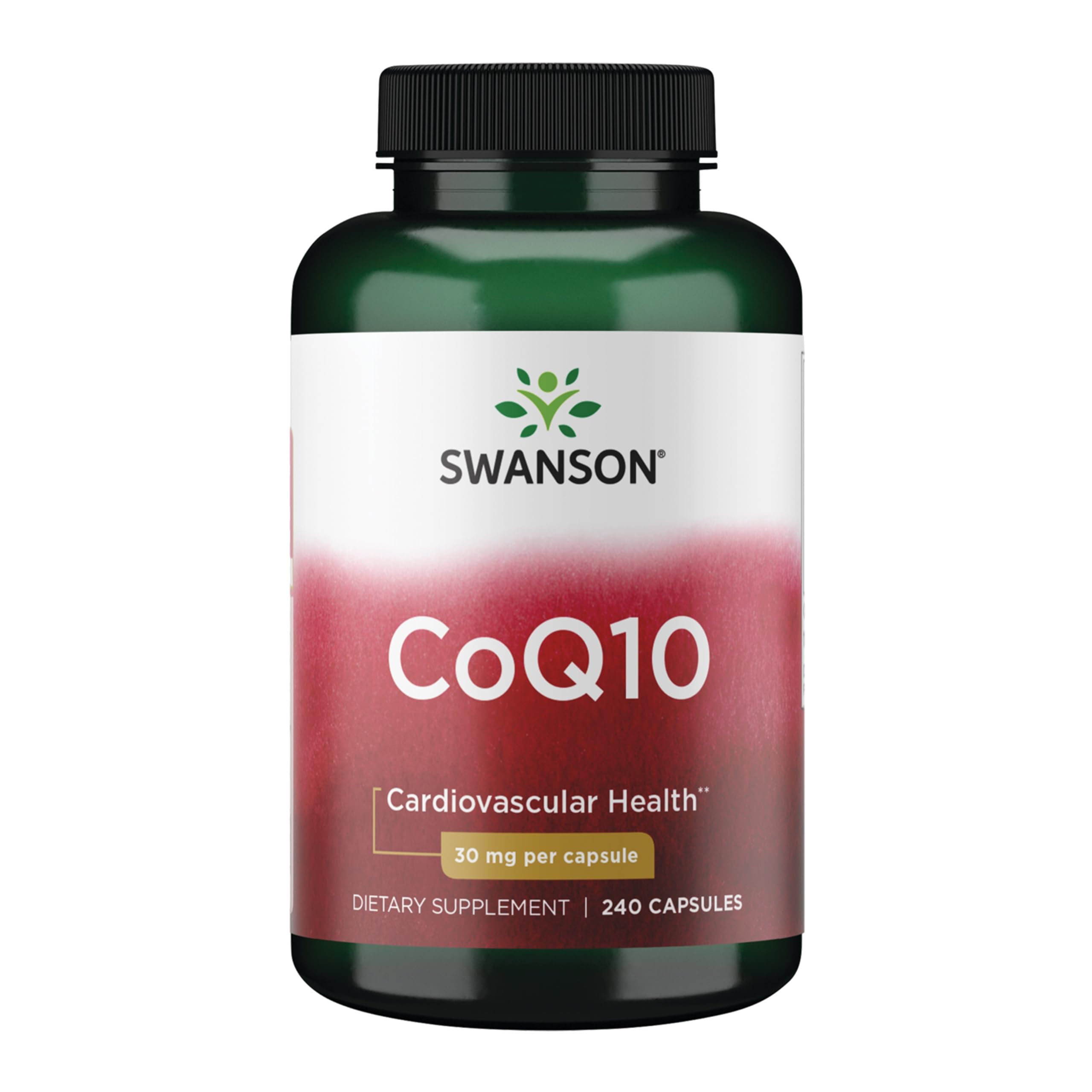 Swanson CoQ10 30mg capsules bottle, promoting heart support and antioxidant activity.