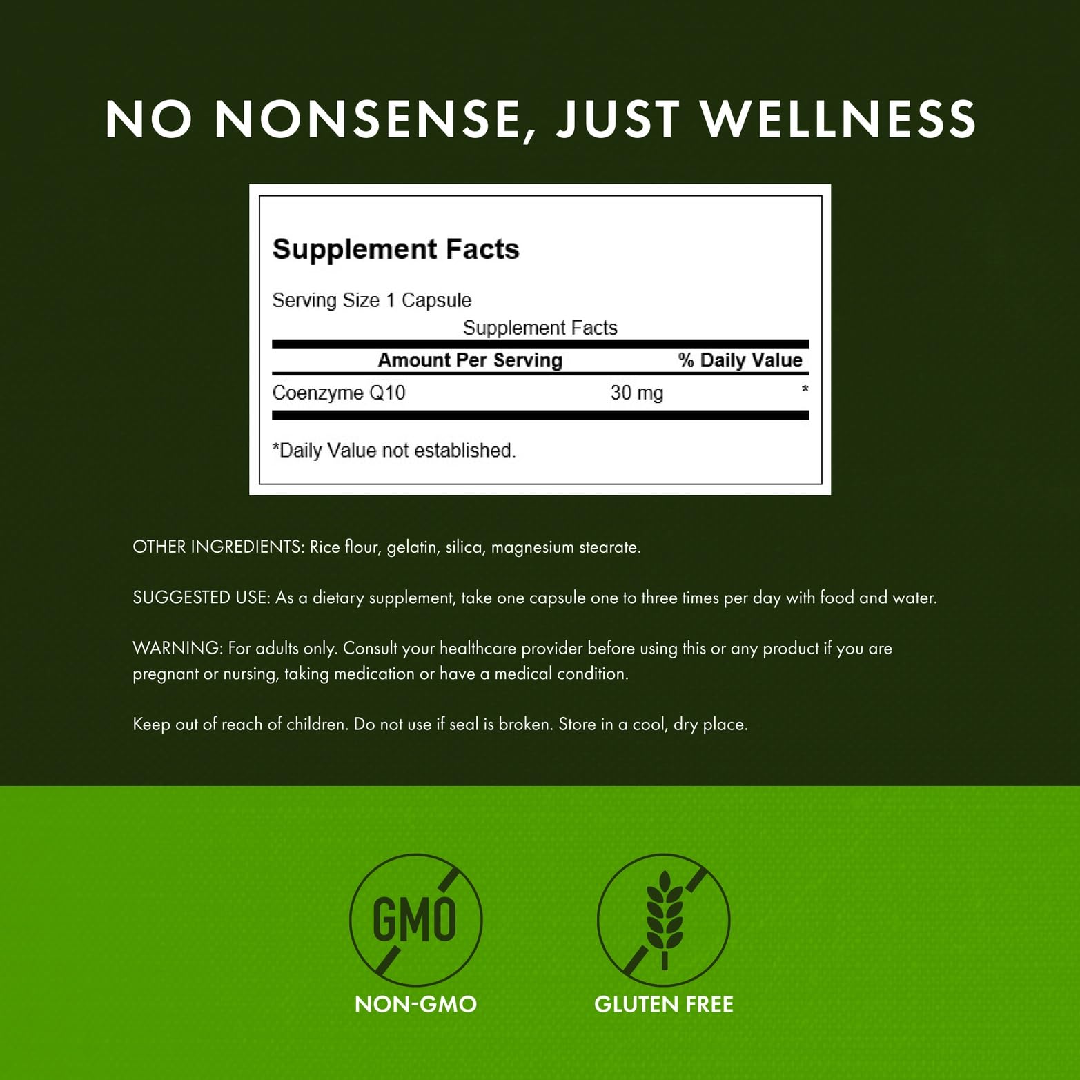 Swanson CoQ10 30mg capsules closeup showcasing quality manufacturing and third-party testing.