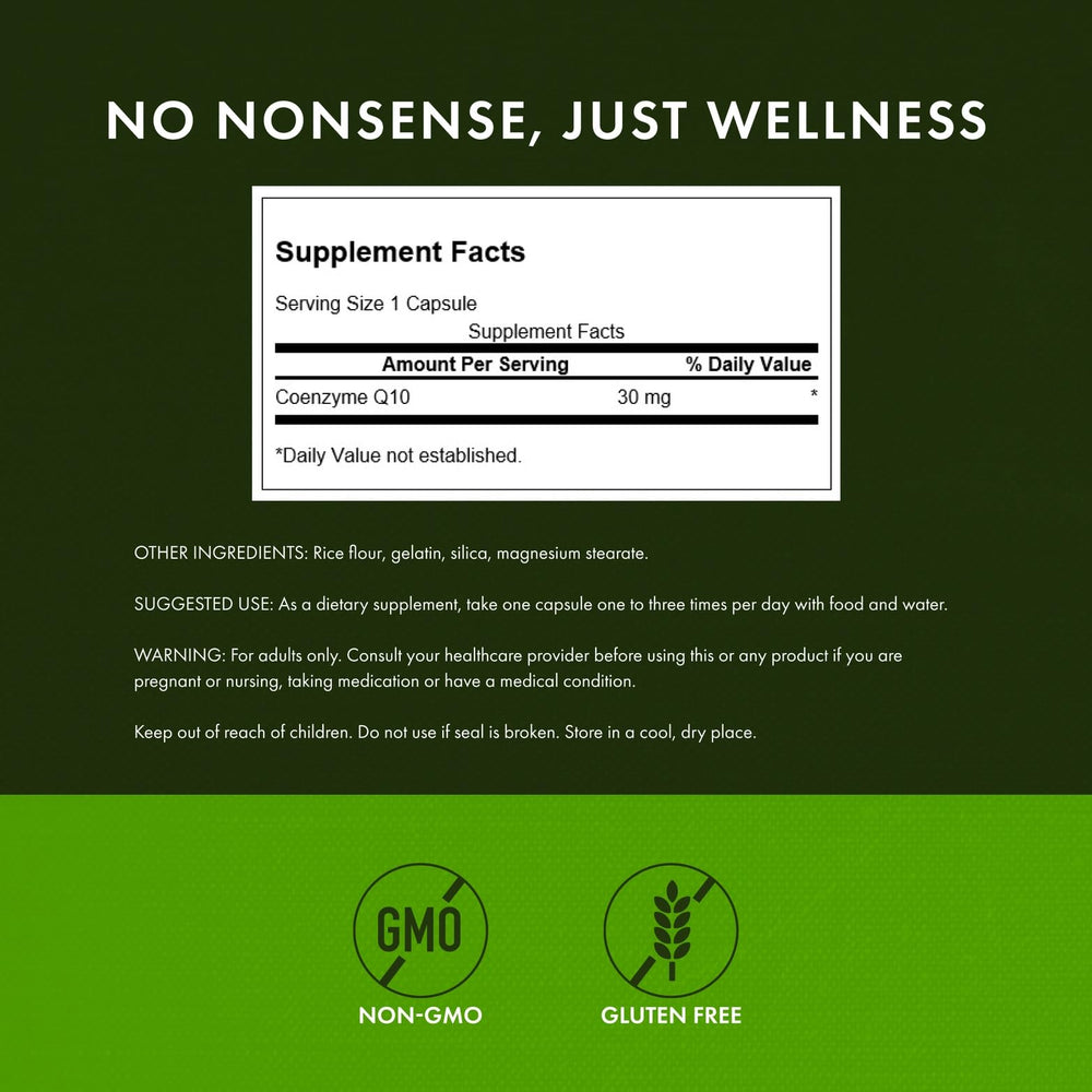 Swanson CoQ10 30mg capsules closeup showcasing quality manufacturing and third-party testing.