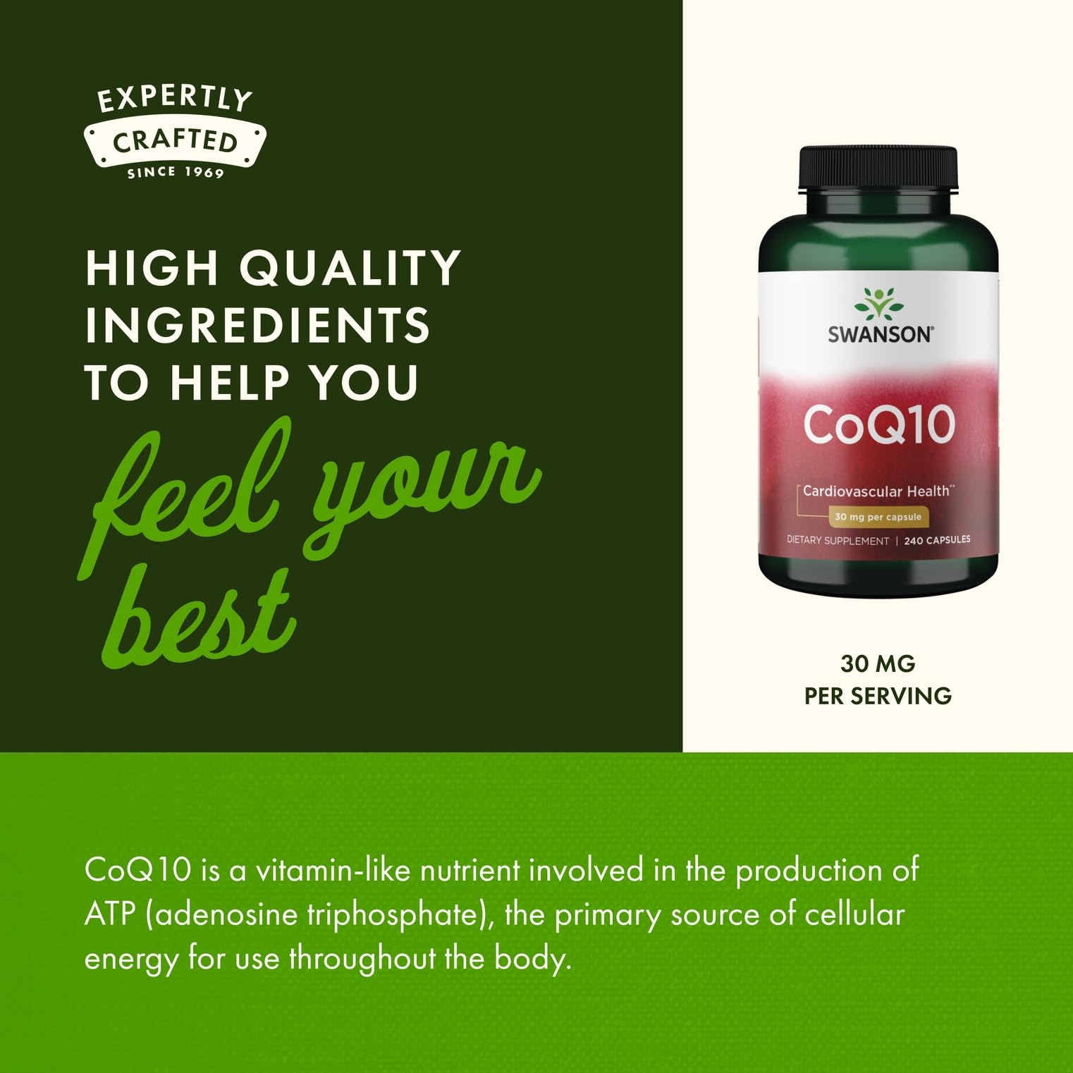 Swanson CoQ10 30mg capsules pills in bottle ideal for daily wellness routines.