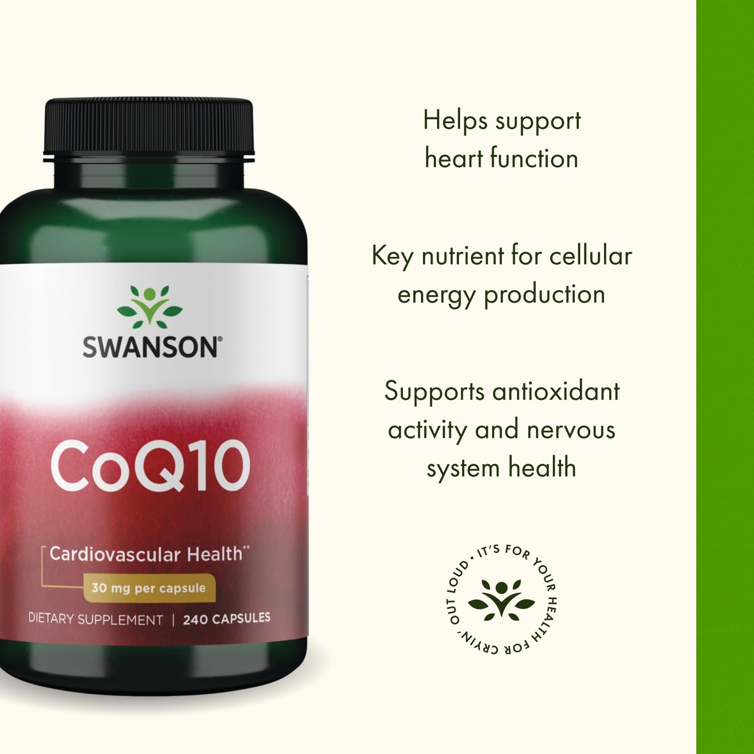 Swanson CoQ10 30mg capsules packaging front emphasizing purity and GMP certification.