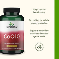 Swanson CoQ10 30mg capsules packaging front emphasizing purity and GMP certification.