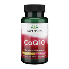 Swanson CoQ10 bottle front view showing 100 capsules and 120 mg per softgel for daily heart health support