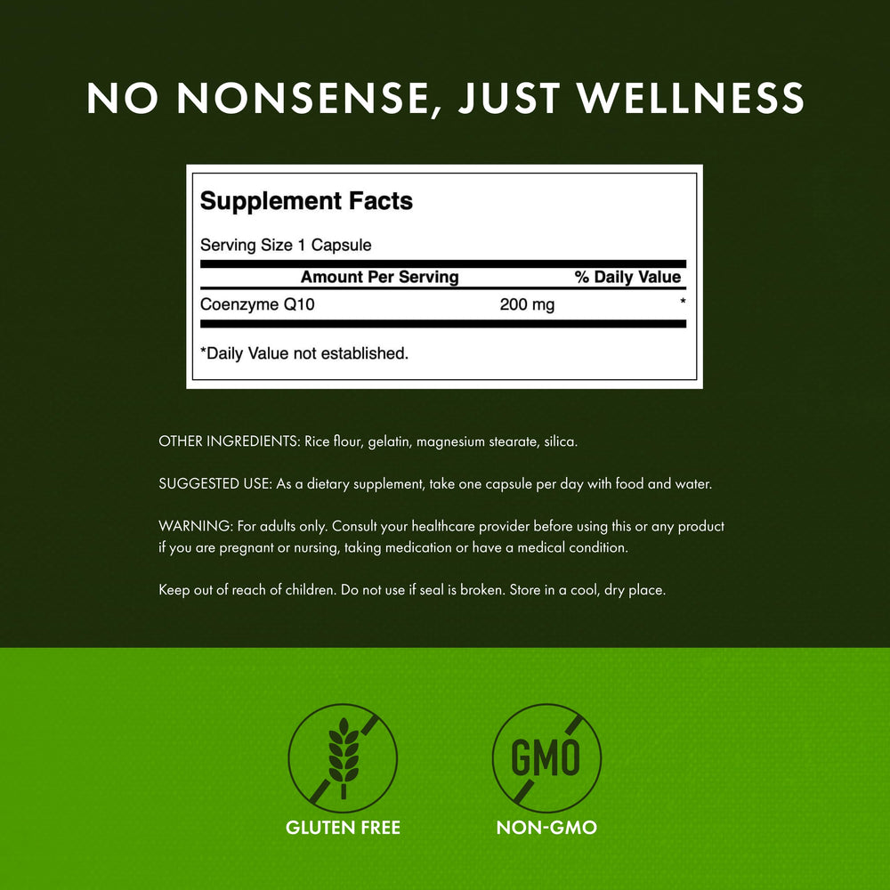 Swanson CoQ10 bottle label detail highlighting quality testing