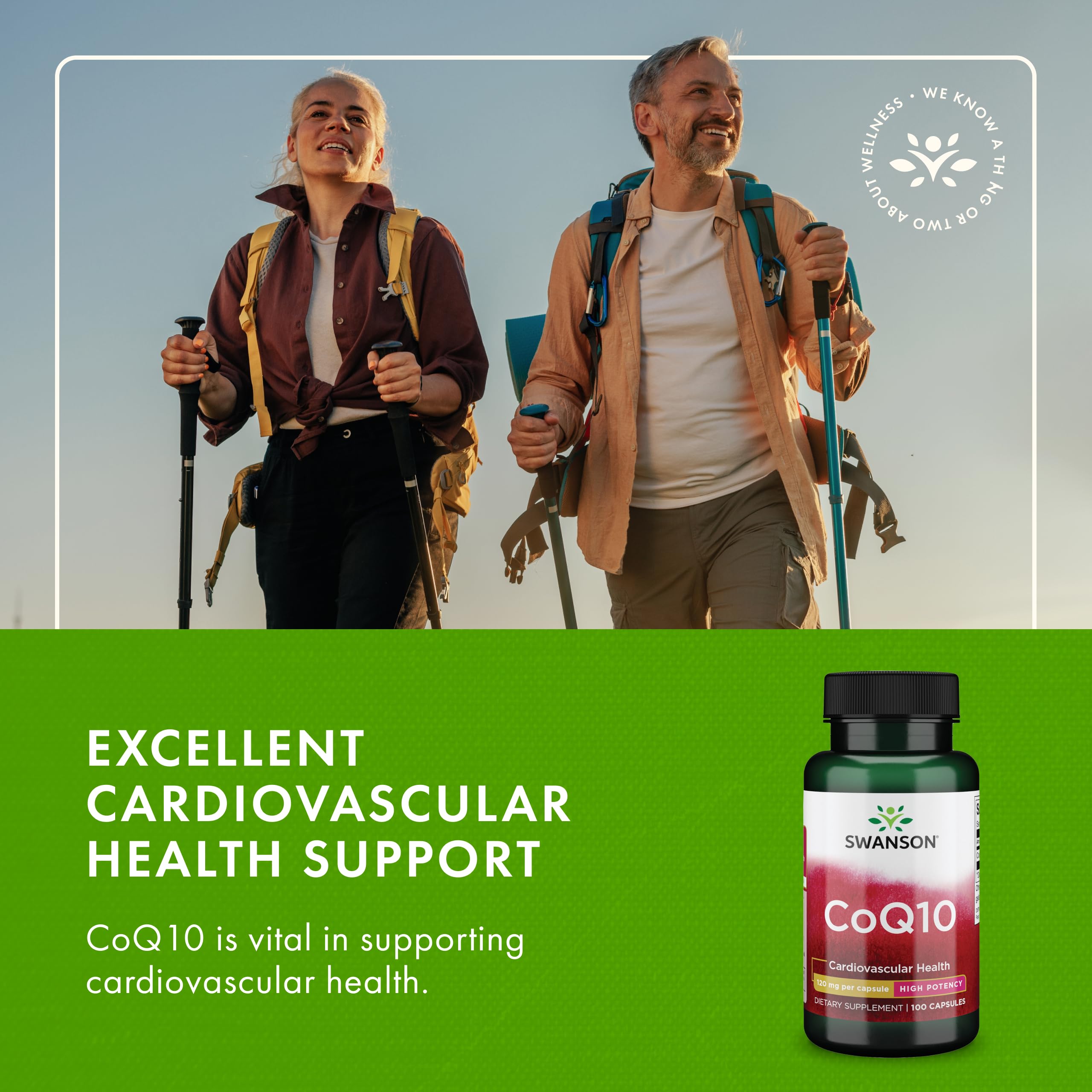 Swanson CoQ10 packaging box emphasizing convenient daily supplementation