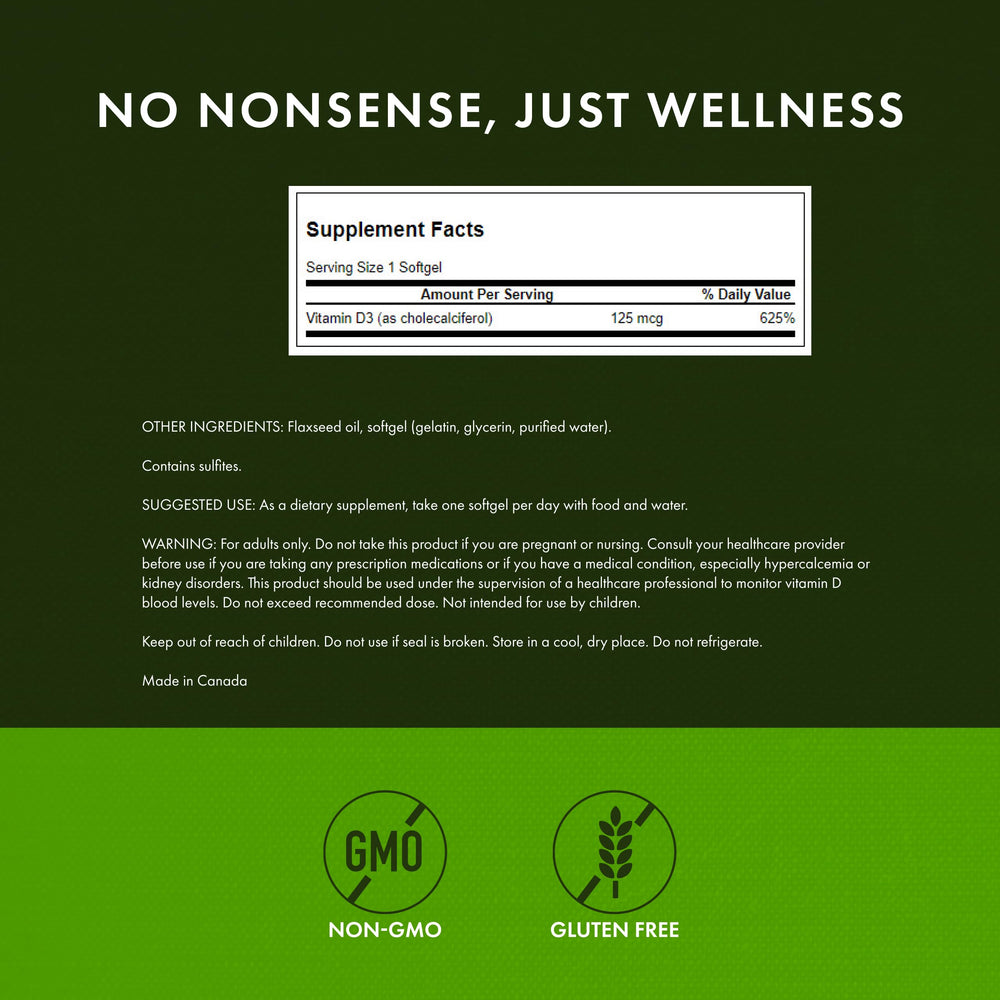 Swanson D3 5000 IU label detail highlighting cholecalciferol strength.