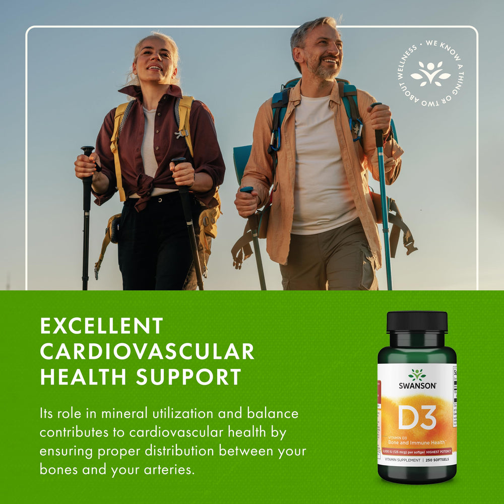 Swanson D3 softgels favored for supporting muscle function during activity.