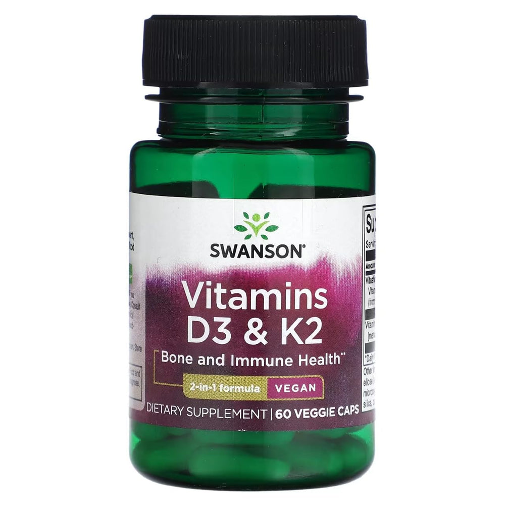 Swanson D3 & K2 60 vegan capsules bottle close-up for bone and heart support.