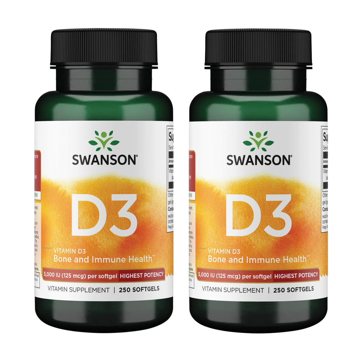 Swanson D3 softgel bottle showing easy-to-swallow capsules for daily support