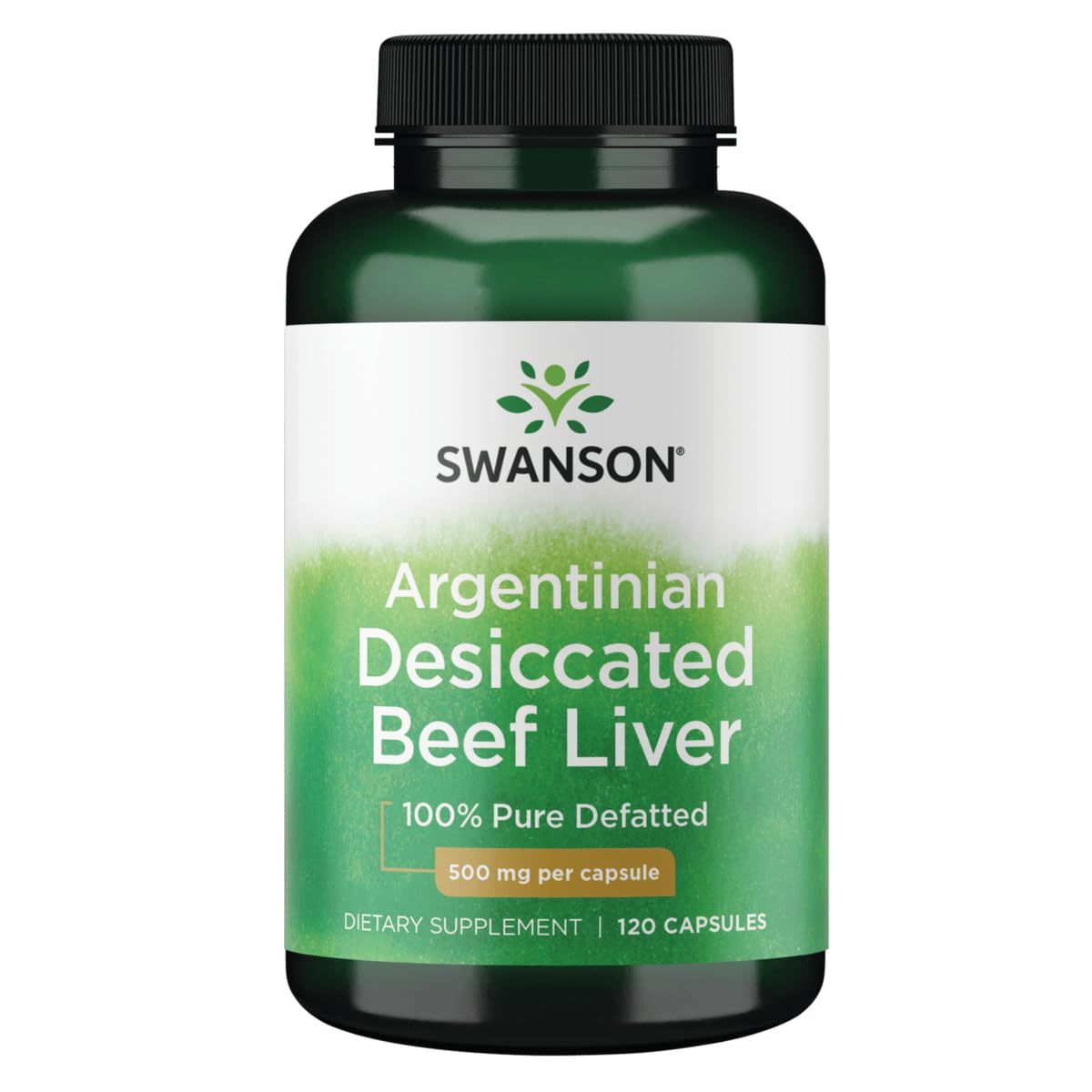 Swanson defatted beef liver capsules close-up, convenient daily intake.