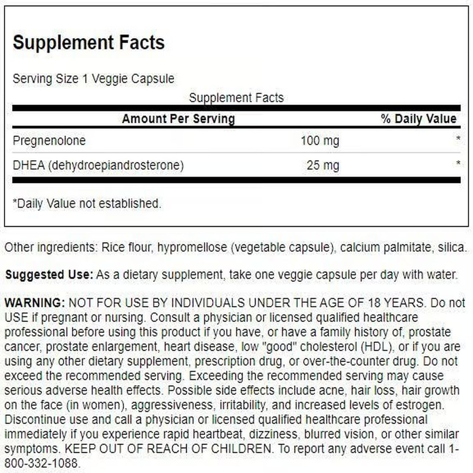 Swanson DHEA and Pregnenolone Complex bottle back with supplement details.