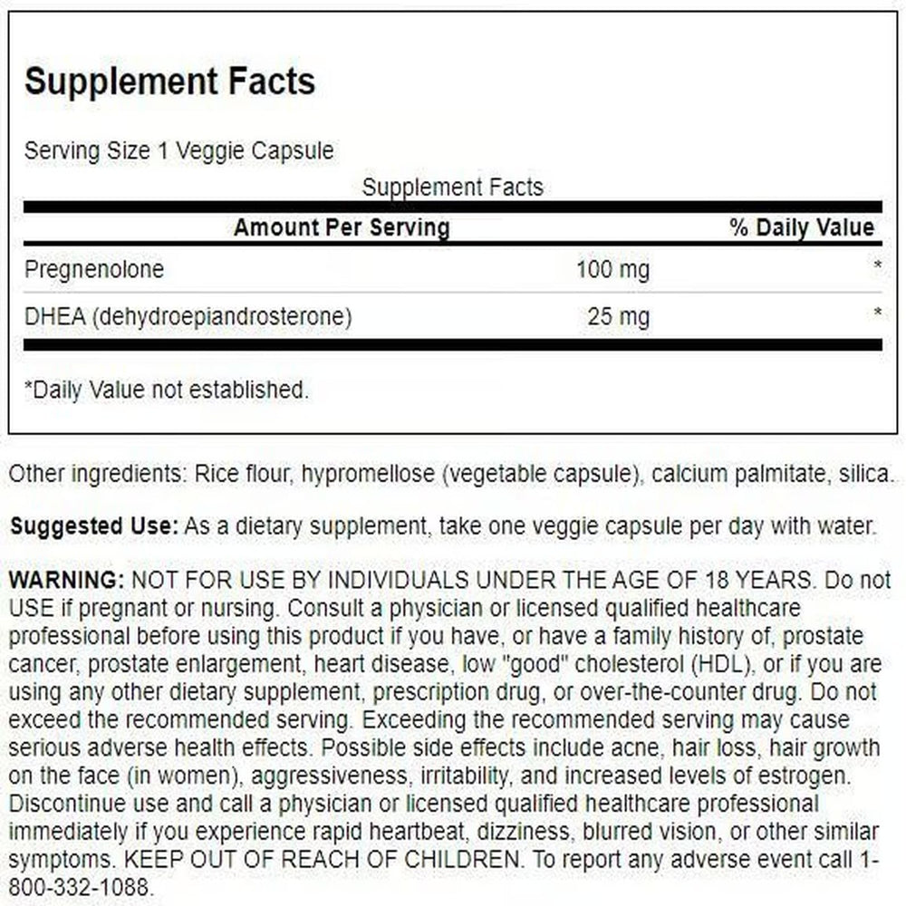 Swanson DHEA and Pregnenolone Complex bottle back with supplement details.