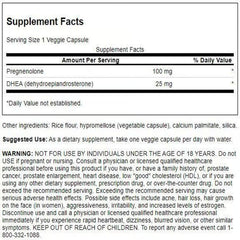 Swanson DHEA and Pregnenolone Complex bottle back with supplement details.
