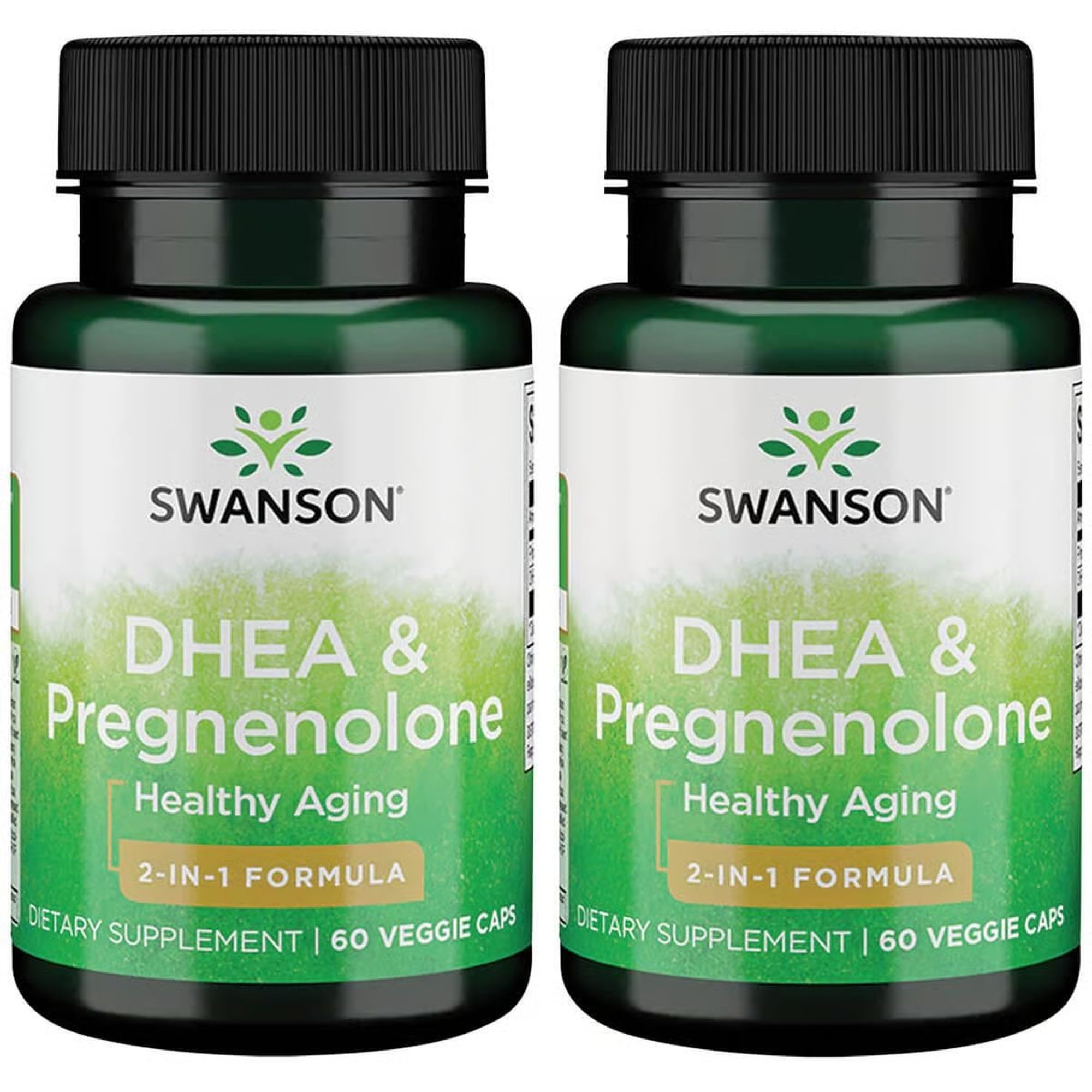 Swanson DHEA and Pregnenolone Complex bottle front, vegetarian formula for energy support.
