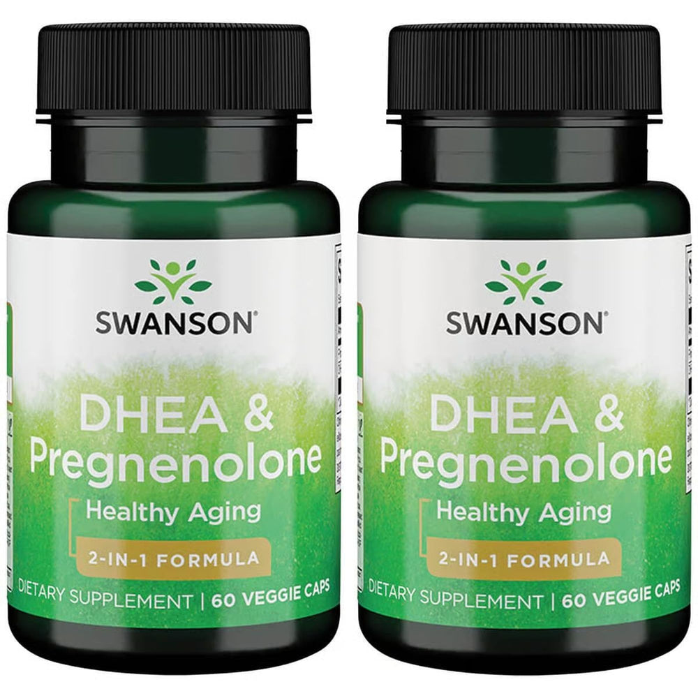 Swanson DHEA and Pregnenolone Complex bottle front, vegetarian formula for energy support.