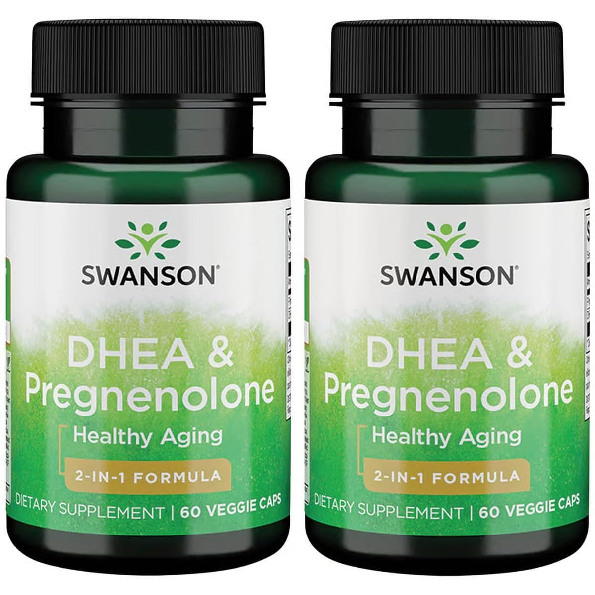 Swanson DHEA and Pregnenolone Complex bottle front, vegetarian formula for energy support.