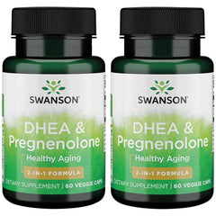 Swanson DHEA and Pregnenolone Complex bottle front, vegetarian formula for energy support.