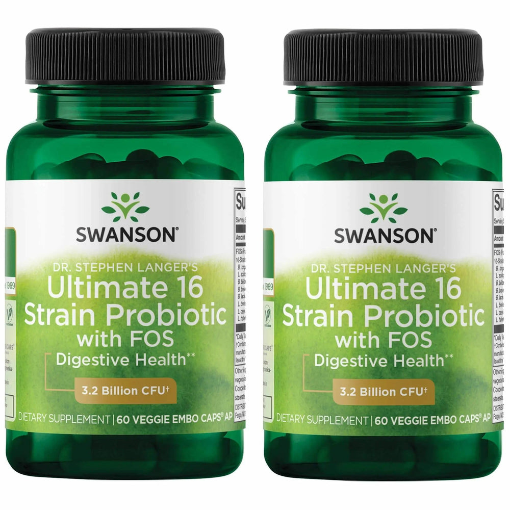 Swanson Dr. Stephen Langer's Formula bottle front with 16 strains highlighted for digestive support