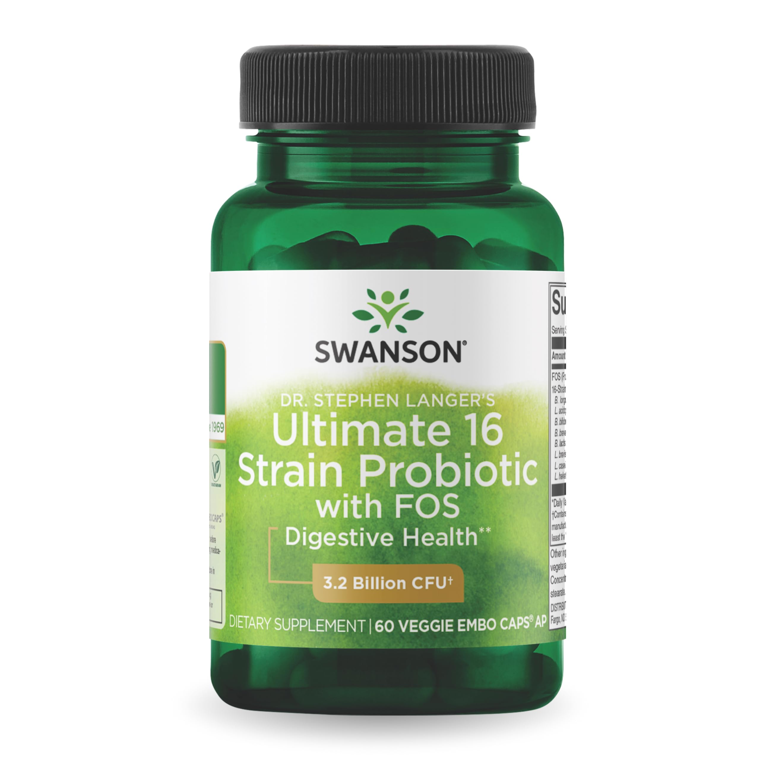 Swanson Dr. Stephen Langer formula bottle — 16 probiotic strains for digestive balance.