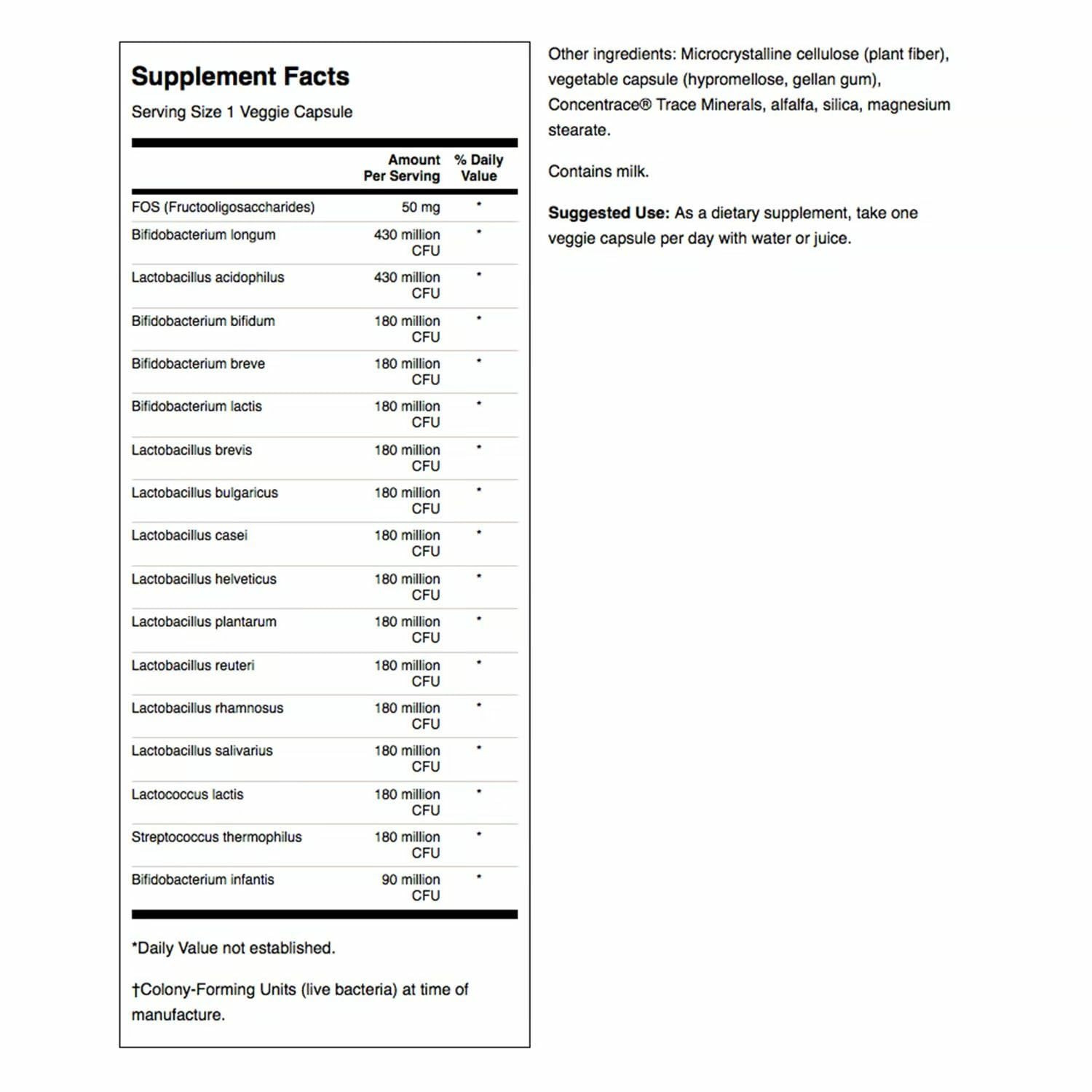 Capsules close-up showing 3.2B CFU per capsule in the Swanson probiotic