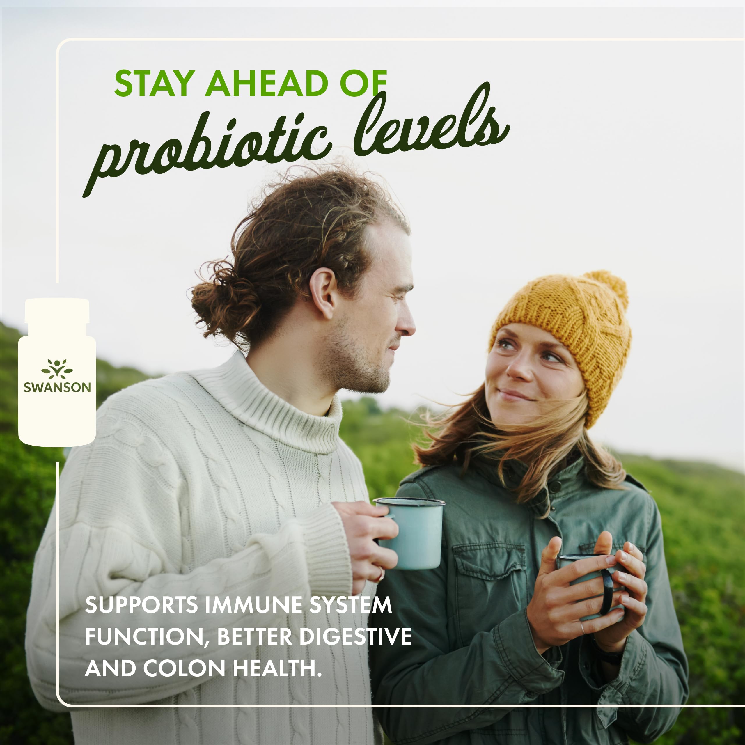 Close-up of Swanson probiotic capsules with prebiotic FOS support for gut health.