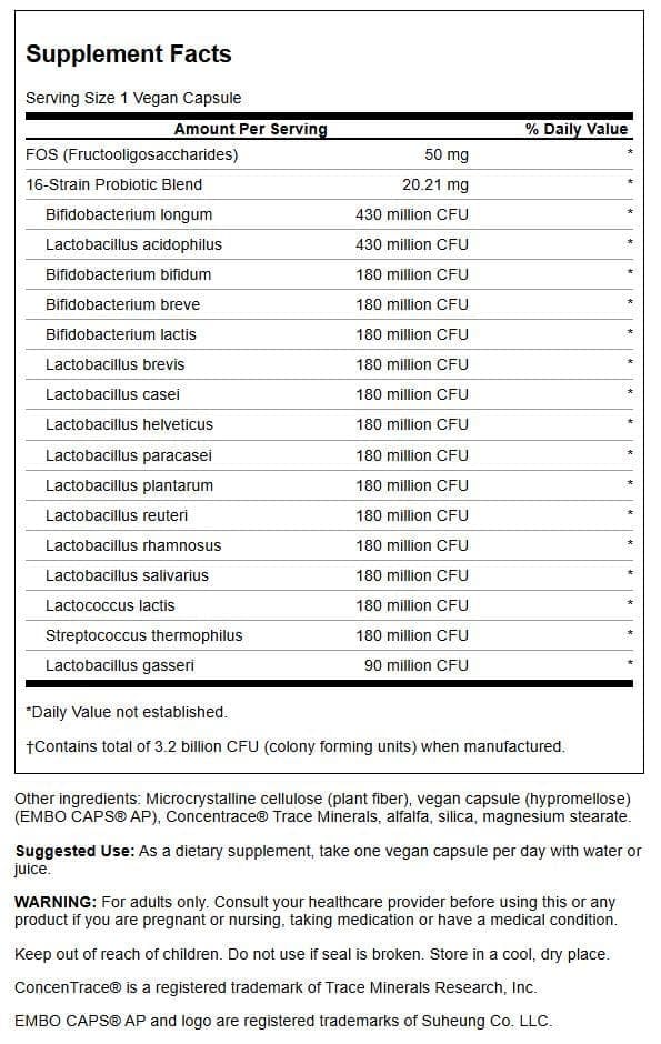 Swanson capsules close-up highlighting the 16-strain probiotic blend.