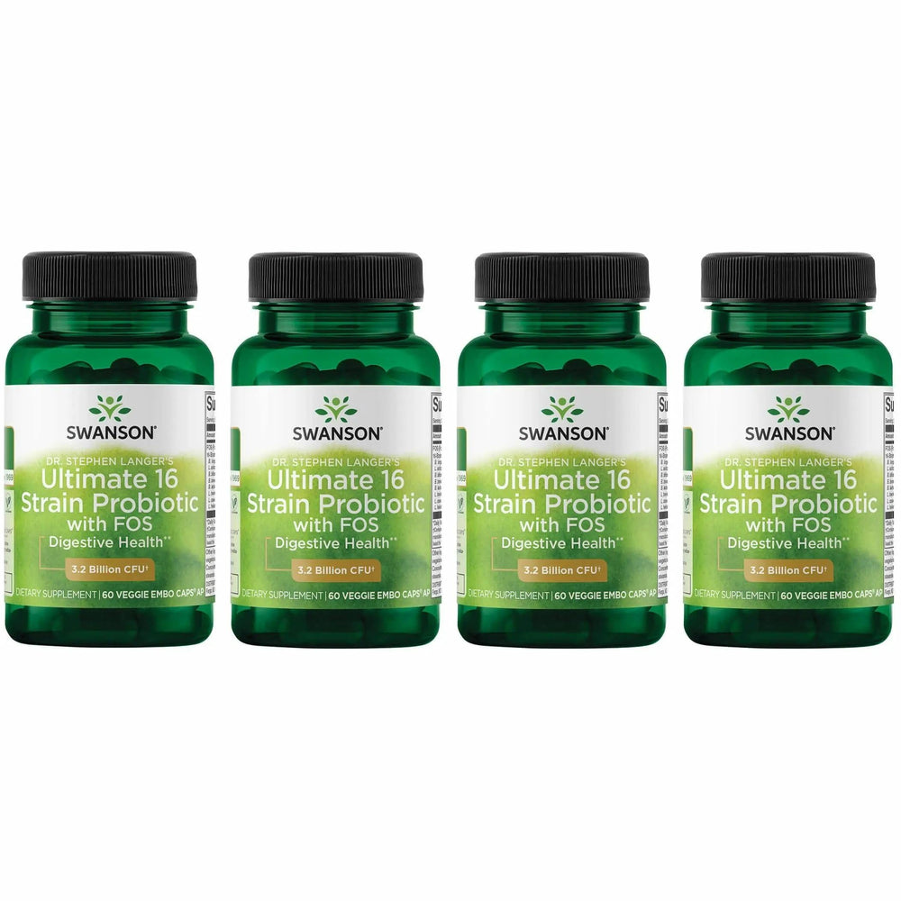 Swanson Dr. Langer probiotic bottle promotes digestive support with 16 strains and 3.2B CFU per capsule.