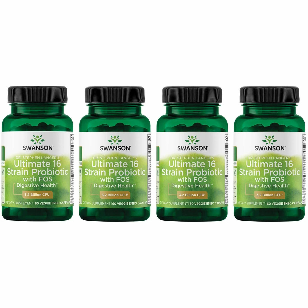 Swanson Dr. Langer probiotic bottle promotes digestive support with 16 strains and 3.2B CFU per capsule.