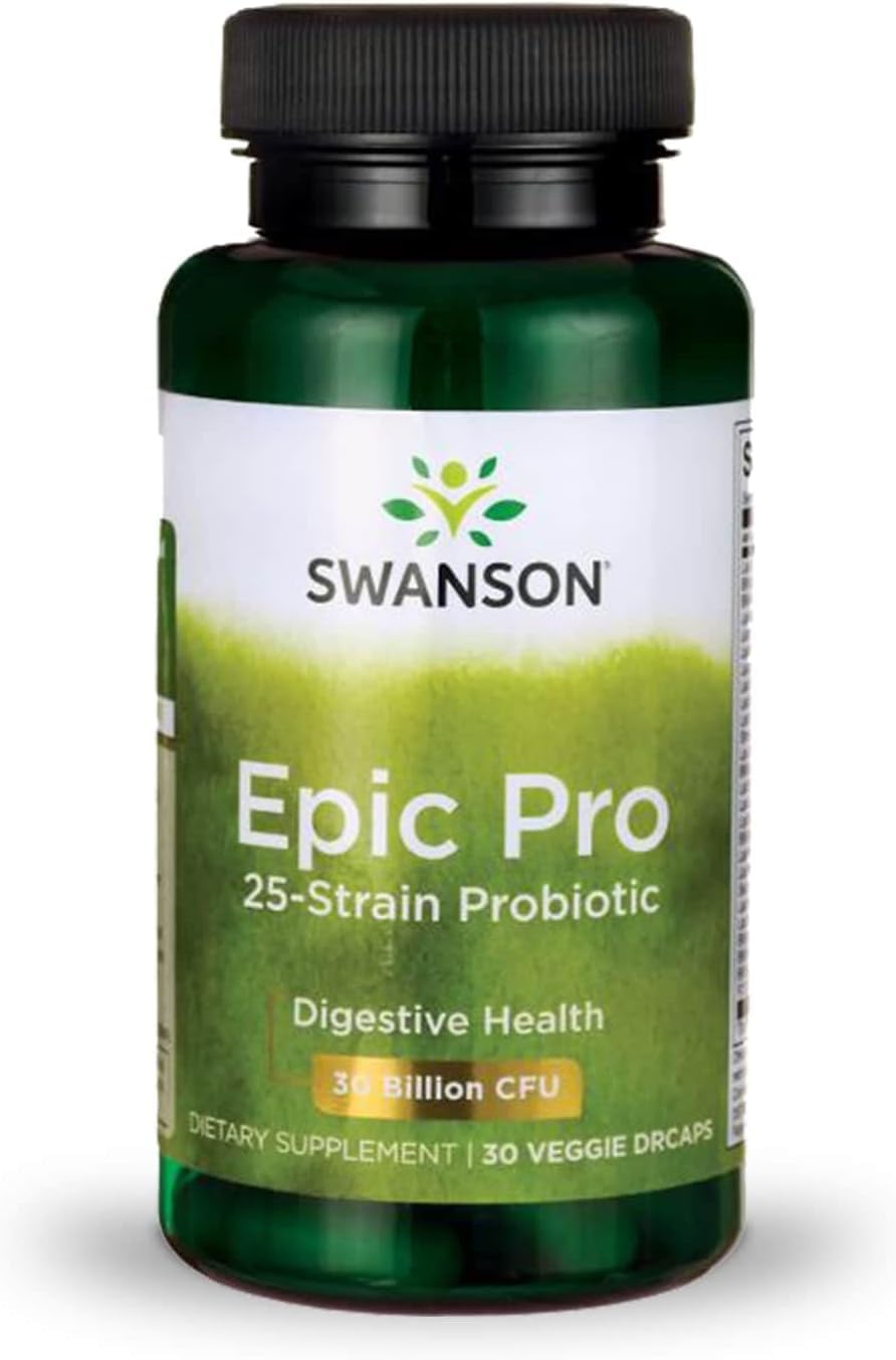 Swanson Epic-Pro bottle with capsules for daily digestive health support.