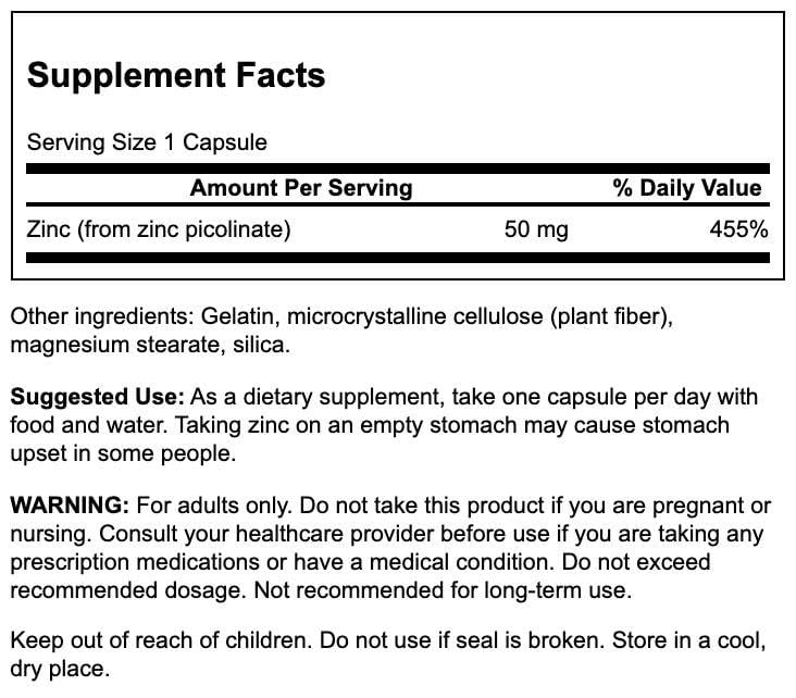 Swanson Zinc Picolinate label shows potency and gluten-free, non-GMO formulation
