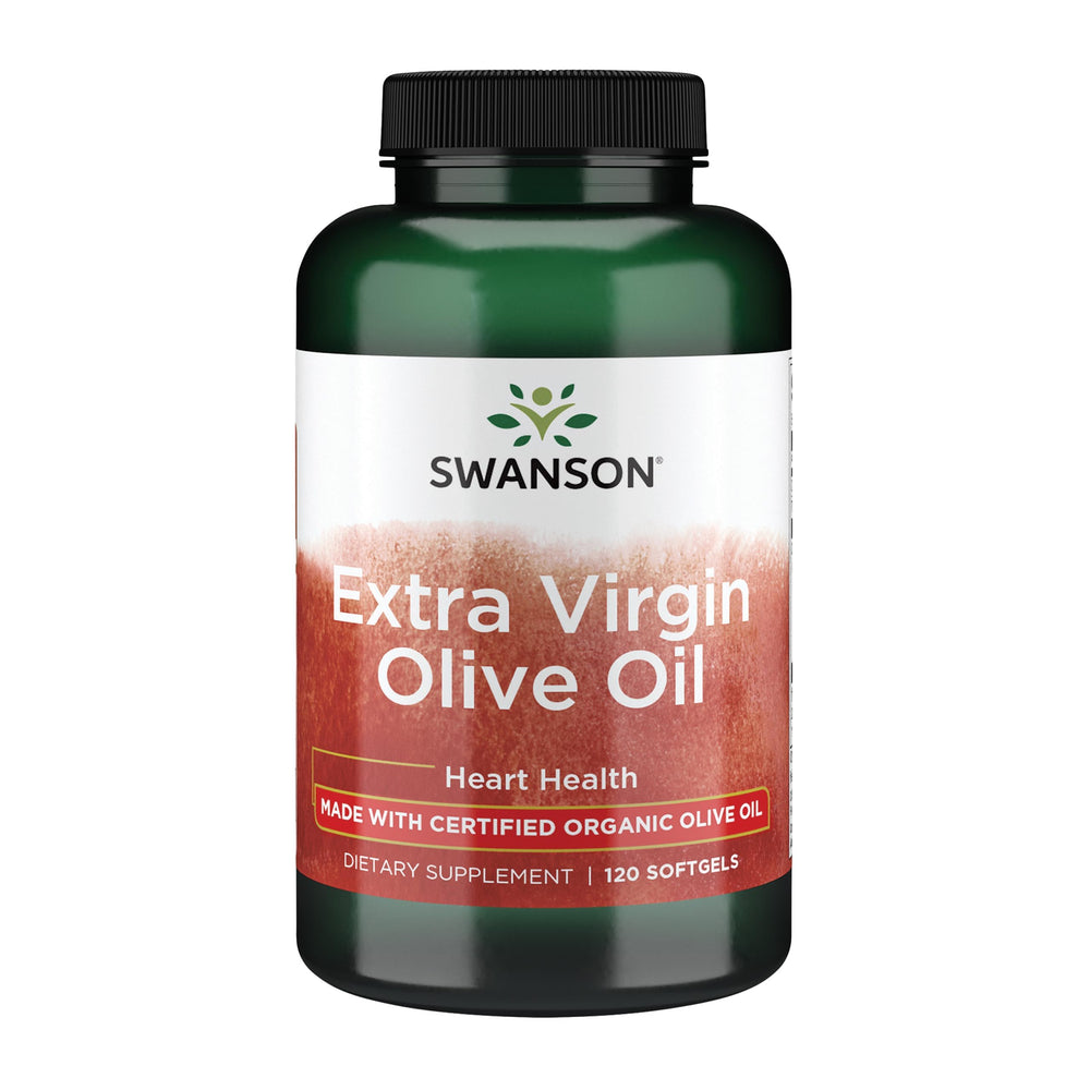 Swanson Extra Virgin Olive Oil softgels bottle showing organic cold-pressed nutrition for daily wellness