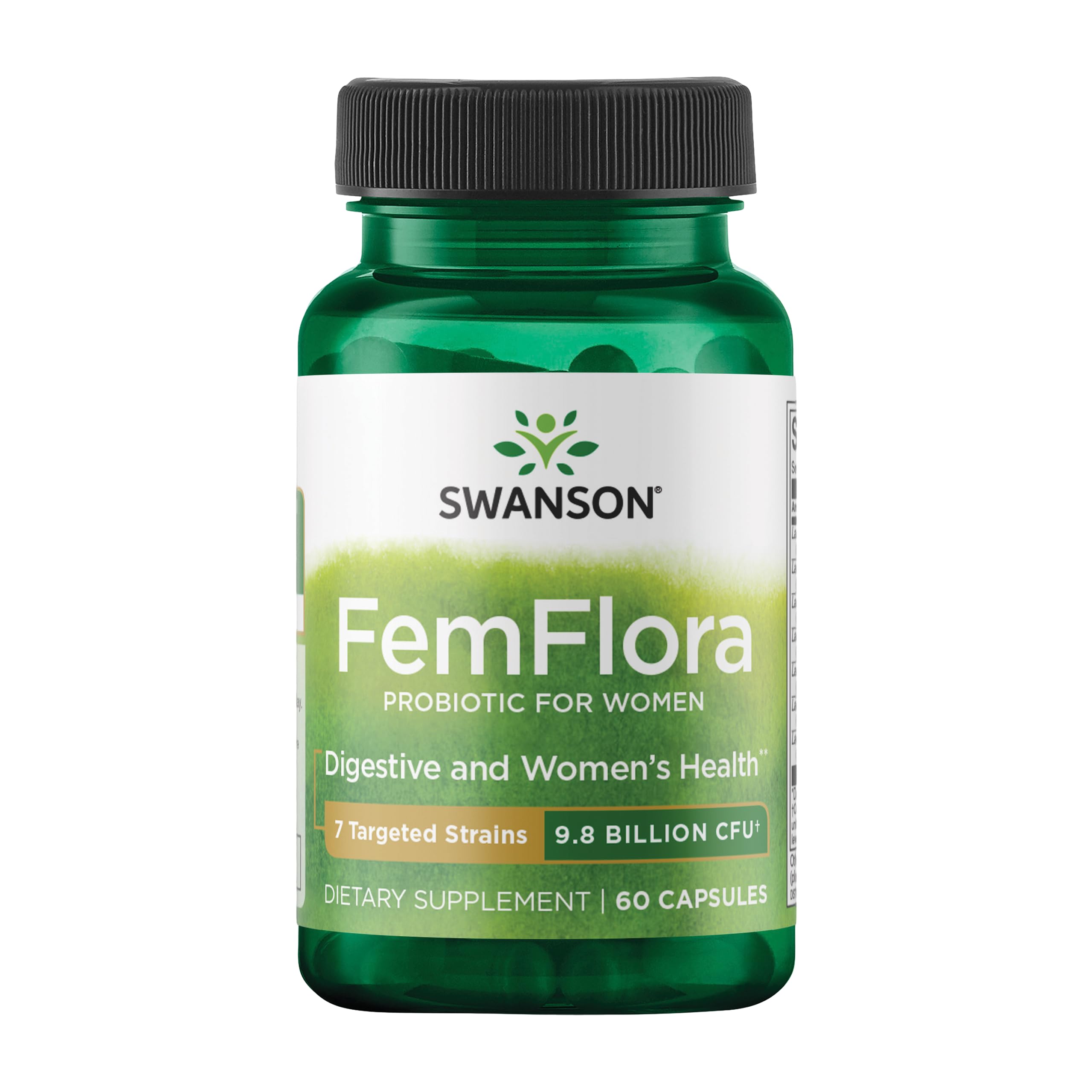 Swanson FemFlora bottle front with 60 capsules for feminine oral, vaginal, and gut flora