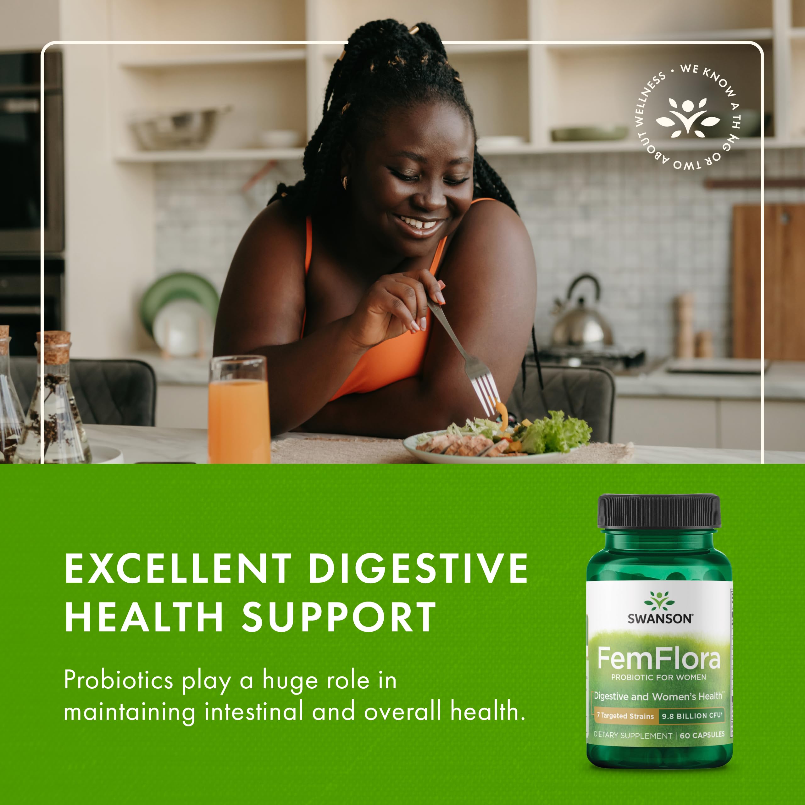 Swanson FemFlora capsules poured into glass to show daily dosage