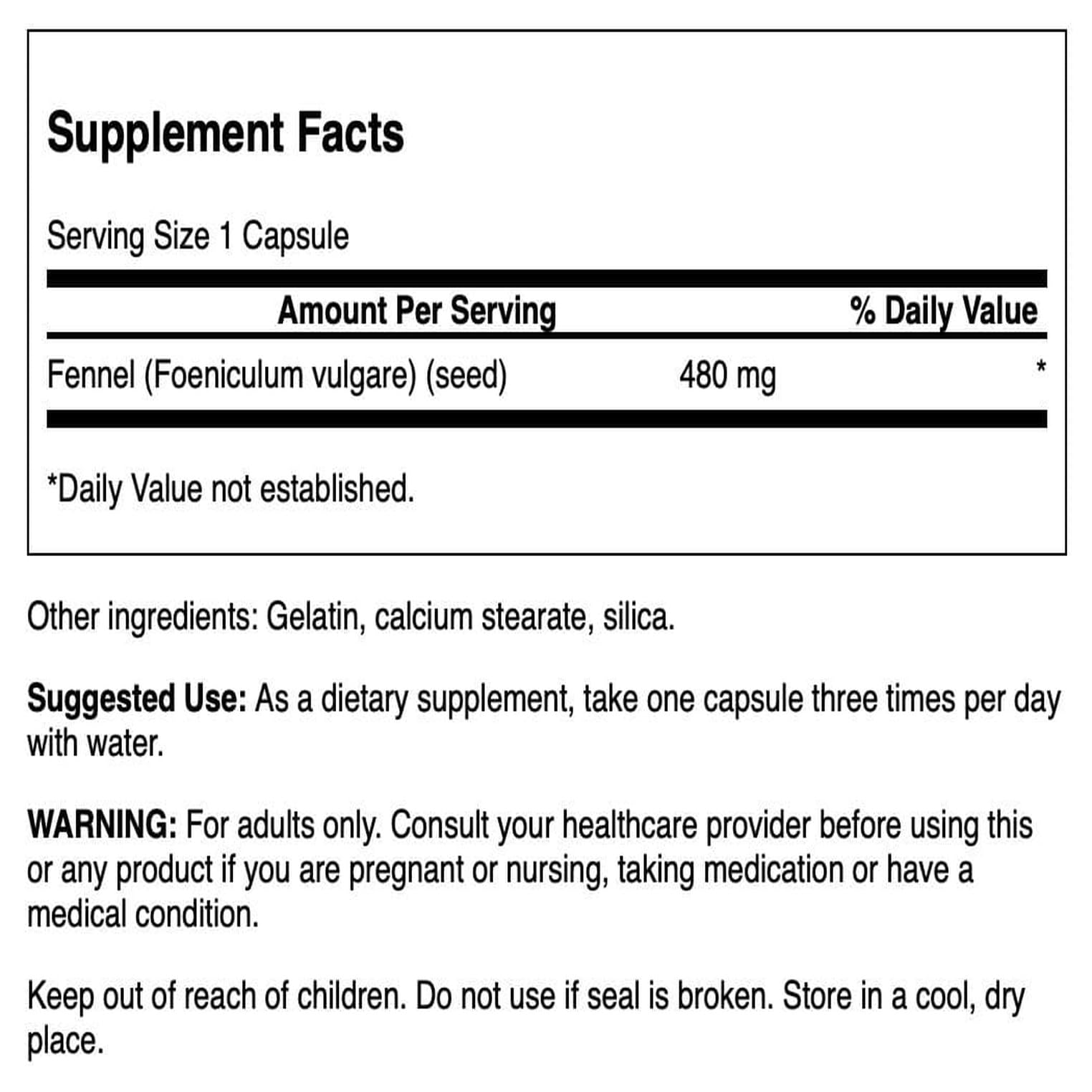Close-up of Swanson fennel capsules ready for daily use.