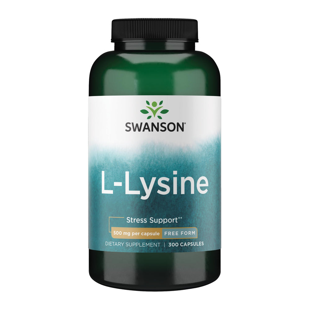 Swanson Free Form L-Lysine capsules bottle shows 500 mg per capsule for daily wellness.