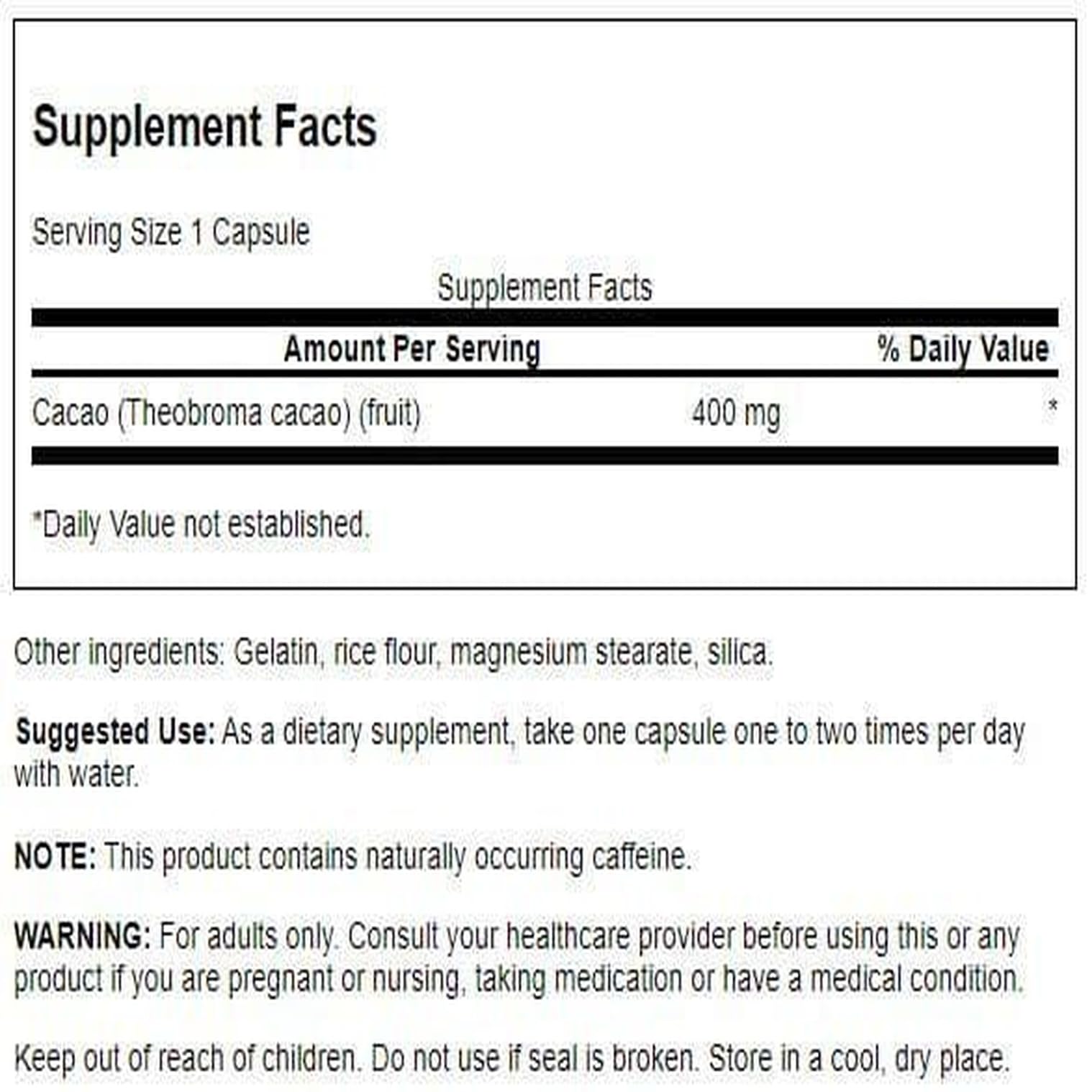 Swanson Full Spectrum Cacao capsules close-up showing easy-to-swallow daily use