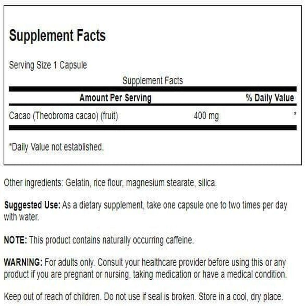 Swanson Full Spectrum Cacao capsules close-up showing easy-to-swallow daily use
