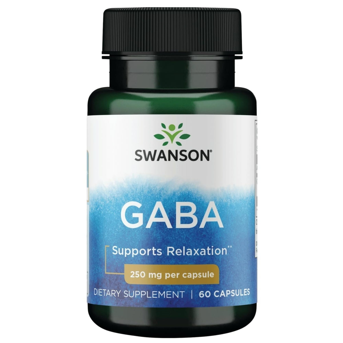 Swanson GABA bottle front view promoting relaxation potential with daily use
